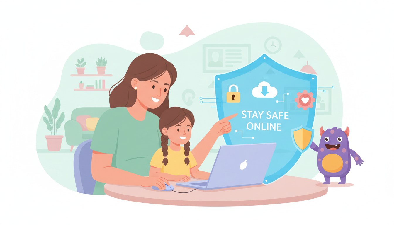 Parent teaching child internet safety while using a laptop