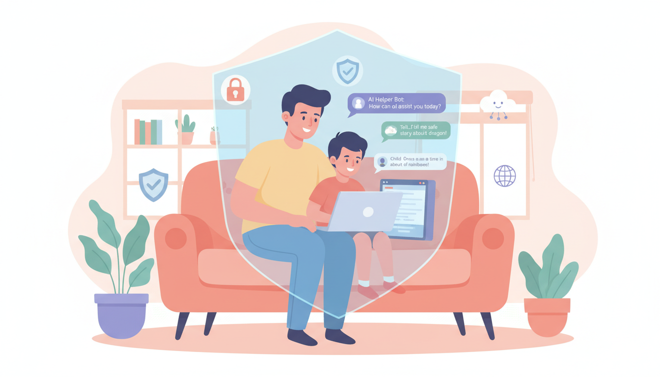 Parent monitoring child using AI chatbot safely on a tablet