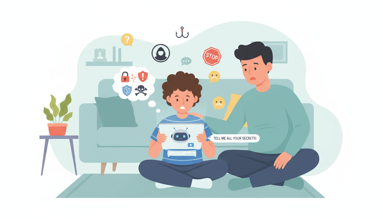 child talking to AI chatbot while parent notices warning signs on the tablet