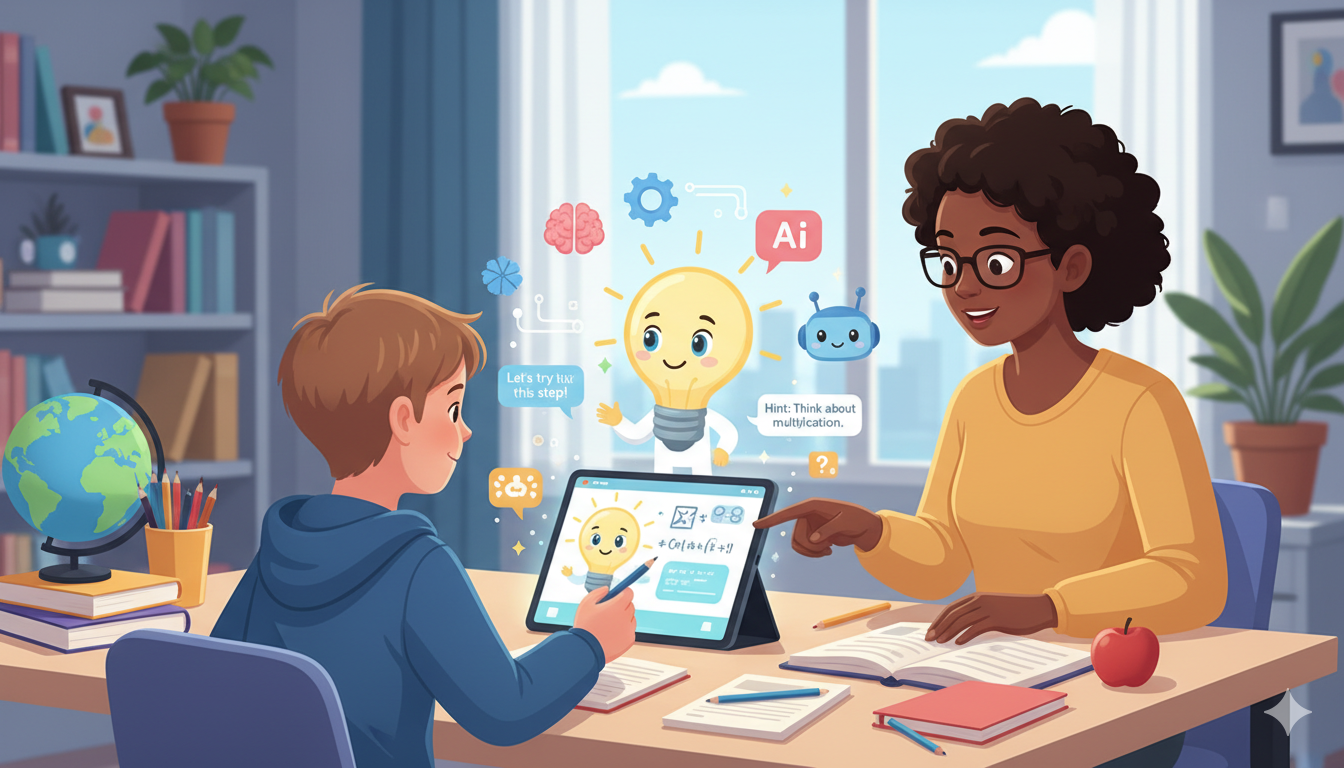 child using AI assistant on tablet for homework while parent supervises