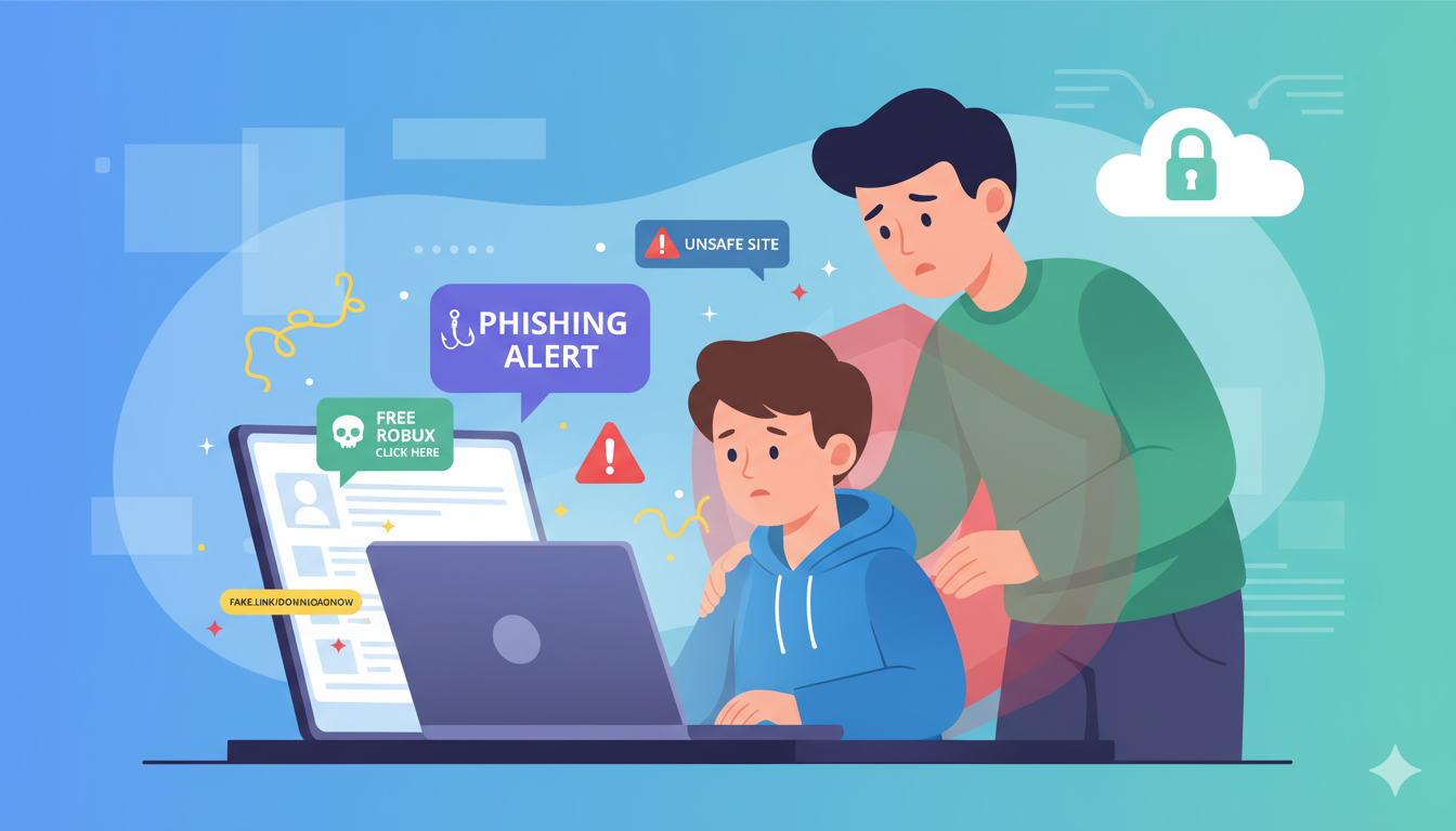 child using laptop surrounded by online danger icons while parent protects them