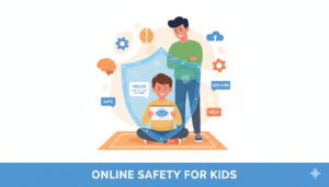 Parent protecting child from AI chatbot conversation online safety concept