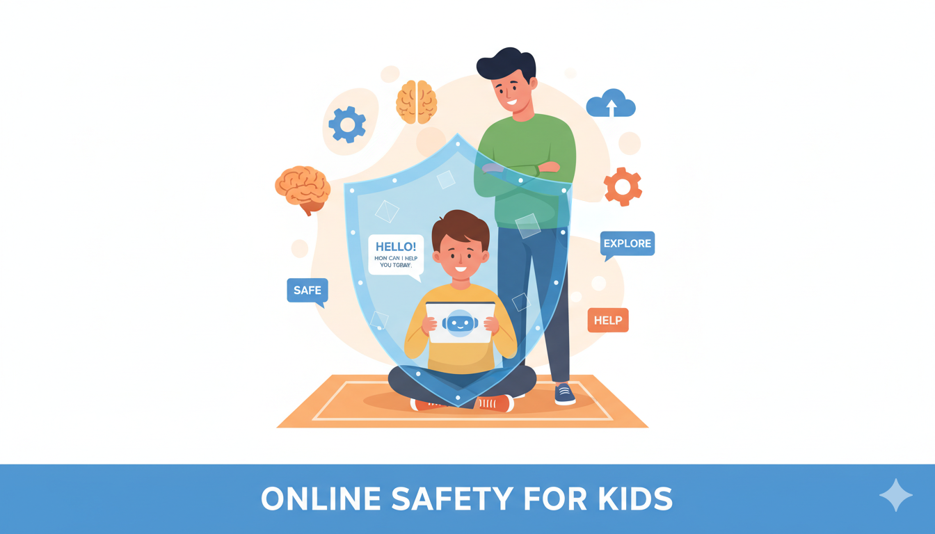 Parent protecting child from AI chatbot conversation online safety concept