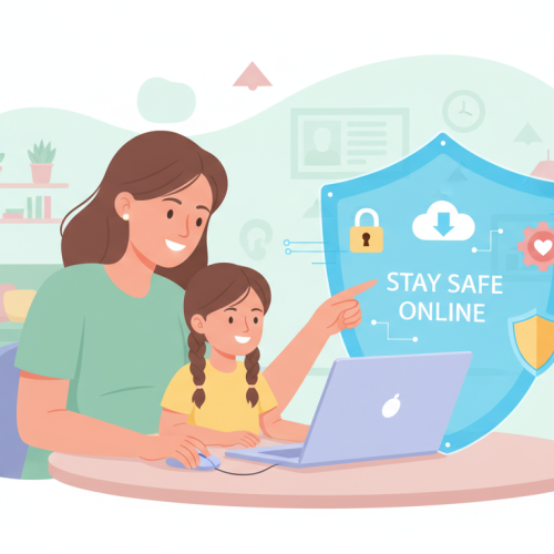 Parent teaching child internet safety while using a laptop