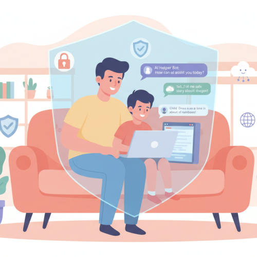 Parent monitoring child using AI chatbot safely on a tablet