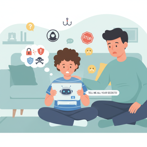child talking to AI chatbot while parent notices warning signs on the tablet