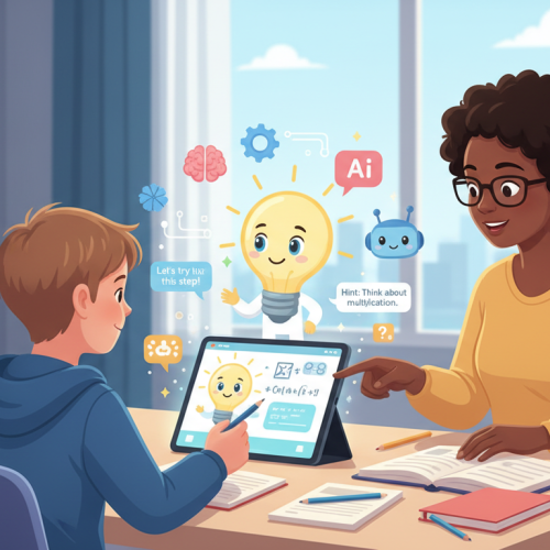 child using AI assistant on tablet for homework while parent supervises