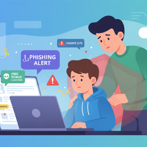 child using laptop surrounded by online danger icons while parent protects them