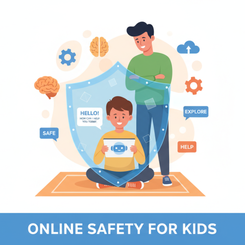 Parent protecting child from AI chatbot conversation online safety concept
